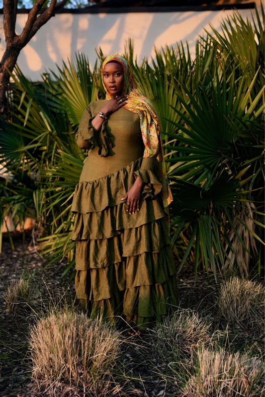 Kira Ruffle Dress- Olive